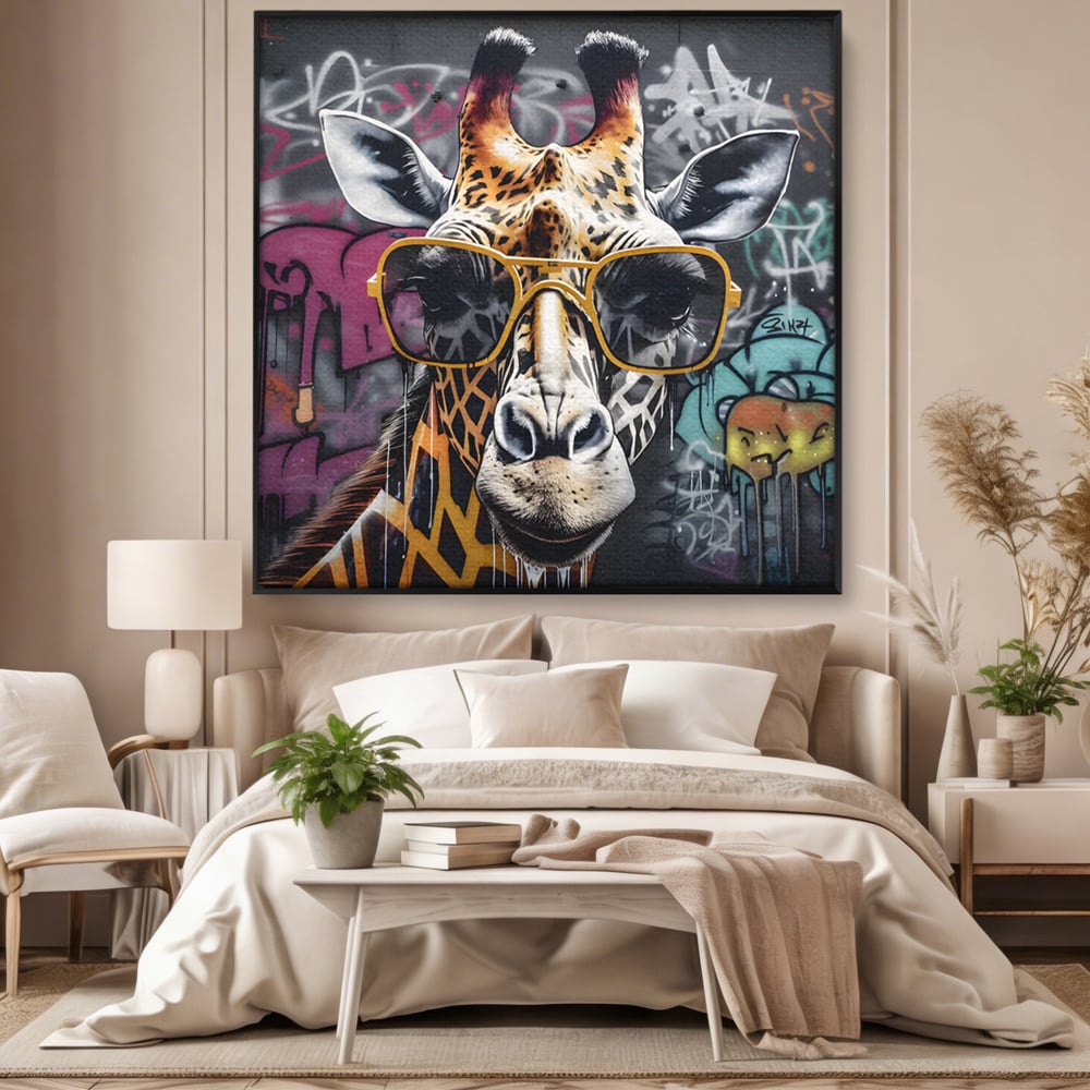 Tablou canvas cu tablou canvas cu girafa stilizata, in rama de aluminiu negru, pe perete intr-un dormitor